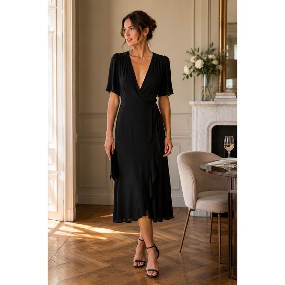 Everly Dresses & Skirts - Everly Black Wrap Midi Dress Deep V-Neck Flutter Sleeve Ruffle Small